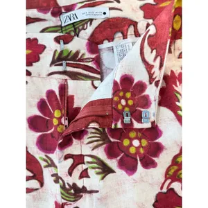 ZARA Womens Pants Red Floral Wide Leg Linen Blend Pleated Trouser Boho Small thumbnail 13