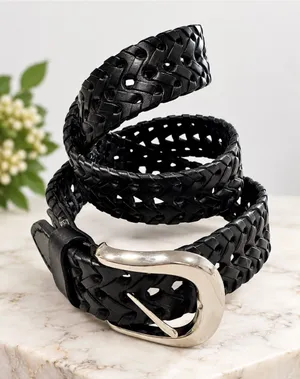 Vintage Black Genuine Leather Woven Braided Belt Silver Buckle Small Unisex thumbnail 1