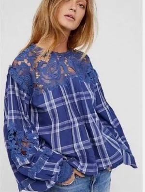 Free People Size Small Darling Diane Lace Top Blue White Flannel Plaid thumbnail 1