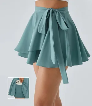 Halara Breezeful Tie Side 2-in-1 Pocket Flowy Mini Flare Wrap Skirt Green XS thumbnail 1