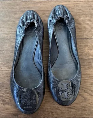 Tory Burch Navy Leather Flats with Metal Logo thumbnail 1