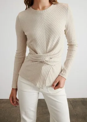 Tanya Taylor Kelsey Rib Knit Twist Front Long Sleeve Top‎ Beige M thumbnail 1