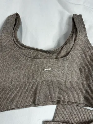 Lilias Active Ribbed Knit Sports Bra and 7/8 Leggings Set Taupe thumbnail 6