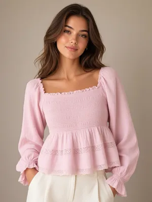 Celebrity Pink NWT Pink Smocked Ruffle Peplum Top Lace Cottagecore thumbnail 1