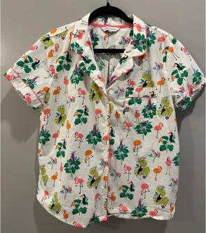 The Company Store Printed Cotton Poplin Button-Up Polo Flamingo Bird Print Pajama Top thumbnail 2
