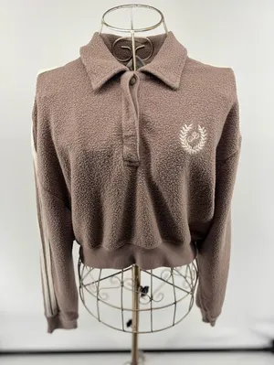 PINK Victoria’s Secret Cropped Collared Sweatshirt Taupe Crest Logo Small Fleece thumbnail 1