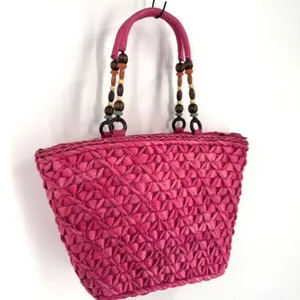 Barney’s New York NWT Pink Straw‎ Beaded Handle Tote Bag thumbnail 3