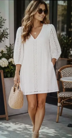Evereve Presley Eyelet Embroidered Mini Dress Cotton Lined V Neck Womens S thumbnail 1