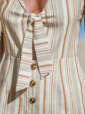Cupshe Cream and Rust Striped Tie-Front Romper thumbnail 3