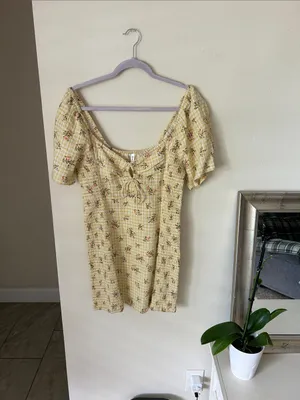 RVCA Gretel yellow gingham Floral smocked cottage puff Sleeve Mini Dress L thumbnail 2