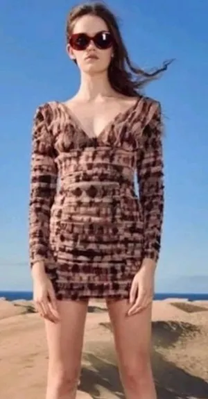 Zara NWT Brown Ruched Tulle Mesh Tie‎ Dye V-Neck Mini Dress Long Sleeve Small thumbnail 1