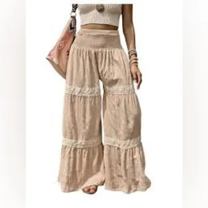 Boutique Boho Chic Crochet Lace Tiered Wide Leg Textured Palazzo Pants Coastal Cowgirl L thumbnail 8