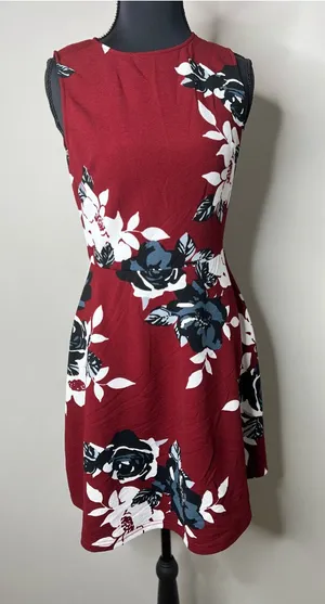 AX Paris Sleeveless Burgundy Floral Fit-and-Flare Dress Size:10 thumbnail 1