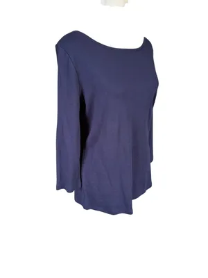 Talbots solid navy blue 3/4 sleeve pullover boat neck stretchy top size medium thumbnail 2