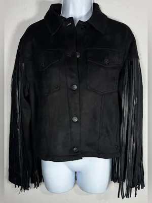 Juicy Couture Black Faux Suede Fringe Trucker Jacket Size Medium thumbnail 7