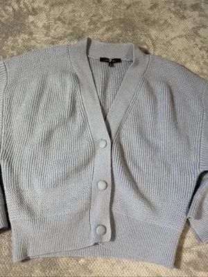 7 For All Mankind Small Light Blue Gray Chunky Knit V Neck Cardigan Sweater Soft thumbnail 3