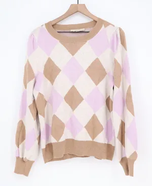 LOFT Sweater Womens XL Argyle Puff Sleeve Tan Purple Cream Knit Excellent thumbnail 1