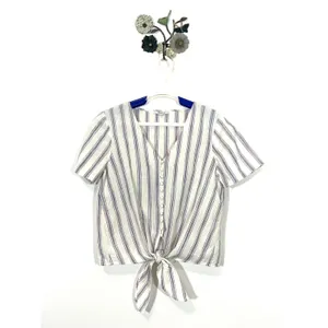 Madewell Agency Button Front Top in Sarasota Stripe Ivory Size Medium Tie Hem thumbnail 5