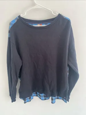 Anthropologie Pilcro Crew Neck Sweatshirt Tartan Swing Back Top Black Blue LARGE thumbnail 1