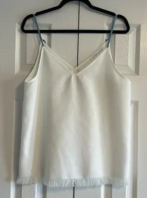 After Market Women’s White Tank Top with Blue Thin Straps and Fringe Bottom thumbnail 1