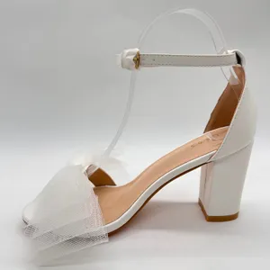 Allegra K Sandal Heels Womens 6.5 White Bow Ankle Strap Block Heel Party Wedding thumbnail 2