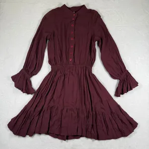 Rachel Pally Burgundy Ruffle Bell Sleeve Mini Dress XS Maroon Button Front‎ Boho thumbnail 1