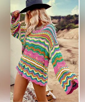 Ecosunny Women's Sweaters Long Sleeve Crew Neck Color Block Striped Hollow thumbnail 3
