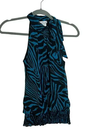 Soulmates Vintage Y2K Blue Zebra Tie Neck Blouse thumbnail 1