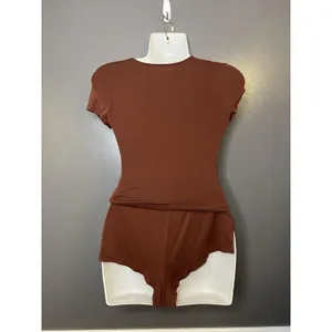 Out From Under Pajama Set Womens XXS Brown Jersey Button Front Top Shorts Lounge thumbnail 5