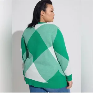 Torrid Cardigan Open Front Sweater Green White Checkered Print Sz 0 (L)‎ thumbnail 2