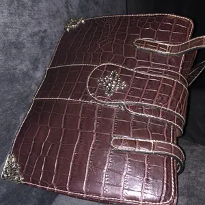 Embellished Croc Embossed Brown Shoulder Bag Silver Accent Purse thumbnail 4