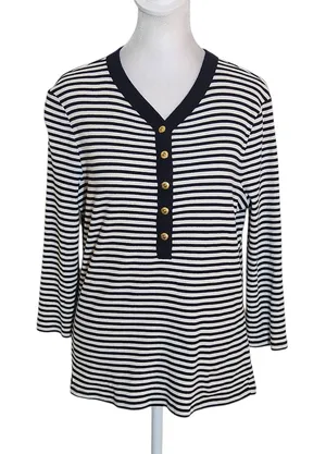 Lauren Ralph Lauren Womens Black and White Ribbed Knit Henley Size Large thumbnail 1