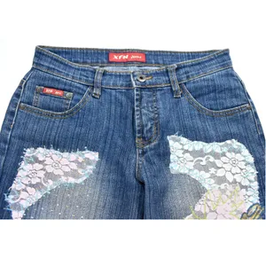 XFN Jeans Womens Blue Embroidered Peacock Lace Sequin Bootcut Denim Pants 27x31 thumbnail 3