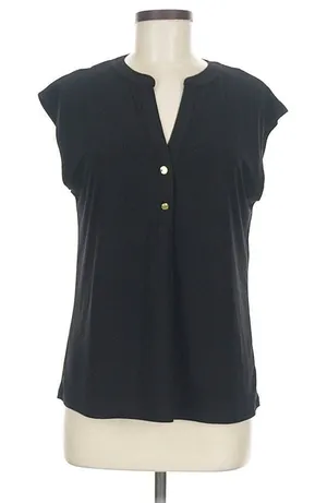 Anne Klein Women's‎ Size Medium Popover Blouse Black Cap Sleeve 2 Button Stretch thumbnail 1