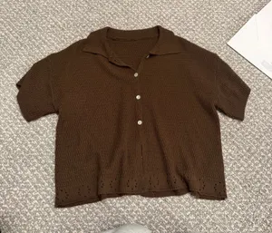 Boutique brown knit button up short sleeve shirt thumbnail 1