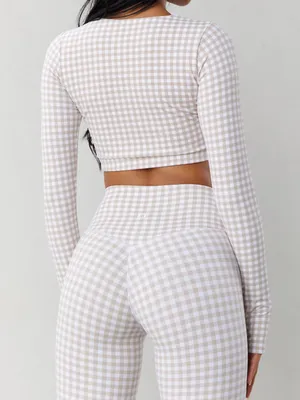 Astoria Activewear LUXE BALANCE Staple Sleeved Crop in Beige Gingham Size Small thumbnail 3