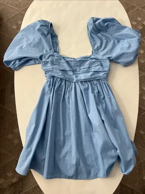 Abercrombie and Fitch Emerson Poplin Puff Sleeve Mini Dress in Powder Blue Small thumbnail 3