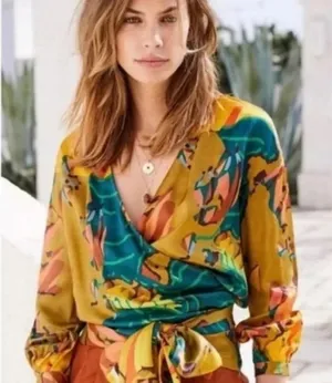 Sezane Anya Wrap Silk Blend Multicolor Tropical‎ Print V-Neck Blouse Size 34 thumbnail 1
