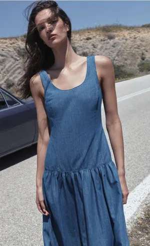 NWOT ZARA MIDI CAPE Denim SKIRT DRESS Medium Blue Cotton Linen Blend thumbnail 1