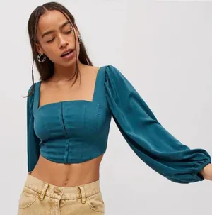 Urban Outfitters Teal Corset Puff Sleeve Crop Top Square Neck Hook Eye XS fairy thumbnail 1