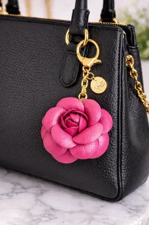 NEW Camellia Rose Bag Charm Keychain Fuchsia Pink Vegan Leather Floral Charm NWT thumbnail 1