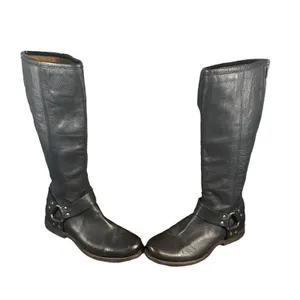Frye Women’s Black Leather Phillip Harness Tall Riding Boots Back Zip Size 6 thumbnail 3