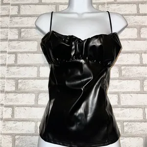 Pretty Little Thing New Black Faux Leather Ruched Bust Cami Top thumbnail 2