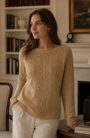 Lauren Ralph Lauren Camel Cable Knit Sweater Gold Buttons XL Boat Neck Old Money thumbnail 1