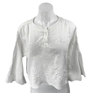 Zara White Floral Embroidered Eyelet Long Bell Sleeve Henley Shirt Blouse Top M thumbnail 1
