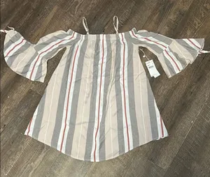 O Neill women’s shirt New Tan/Brown‎ Stripe Off Shoulder Top Size Large Flowy thumbnail 1