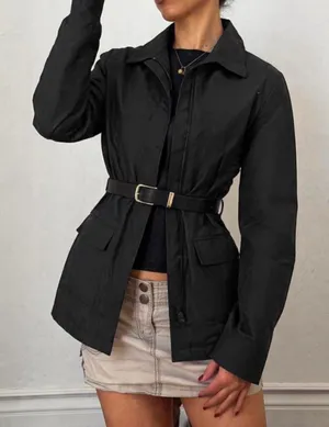 Gorpcore Streetwear Baddie Goth Express Black Jacket Long sleeve Measurement in pics Was styled with a random belt from my closet Belt NOT included! thumbnail 1