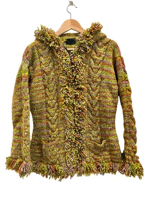 Native Knit Zip Cardigan 100% Wool Handmade Colorful Fringe Size Large thumbnail 1