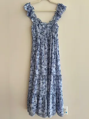 Max Studio Ruffle Cap Sleeve Tiered Maxi Dress, Light Blue Floral, Size Small thumbnail 11