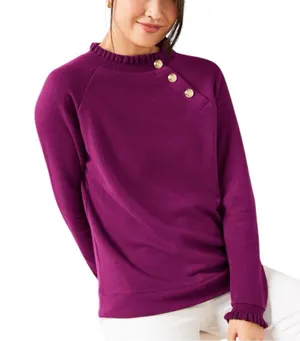 Talbots Ruffle Trim Raglan Purple Sweater Gold Buttons Cottage Boho Size Medium thumbnail 1